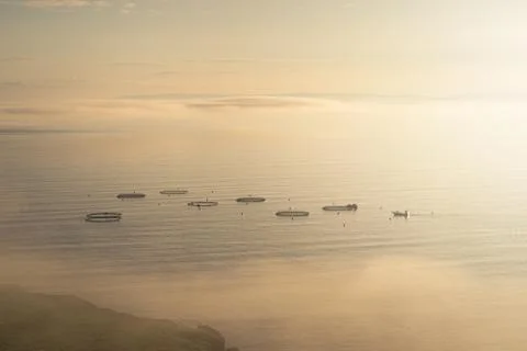 Low clouds rolling over sea and coastline during sunrise in Scotland Stock Photos