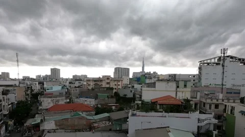 Low clouds time lapse, skyscraper on background. Ho Chi Minh, Vietnam Stock-Footage 155872974