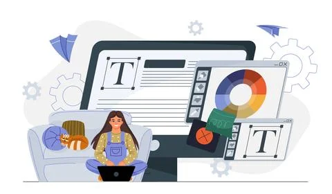 Low code development. Woman sits near monitor with article and color palette Stock Illustration