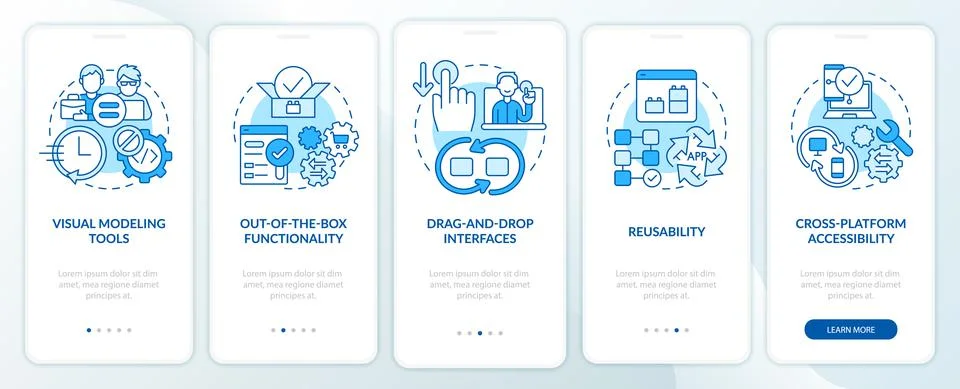 Low code platforms features blue onboarding mobile app screen Stock Illustration