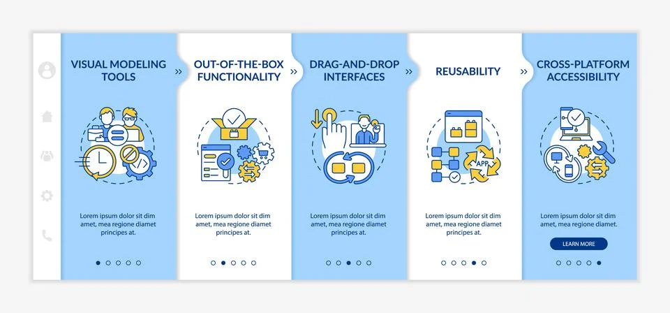 Low code platforms features blue and white onboarding template Stock Illustration