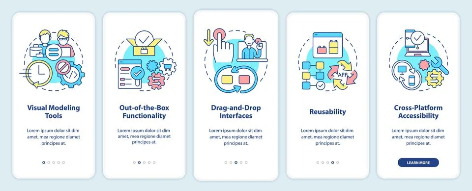 Low code platforms features onboarding mobile app screens Stock Illustration