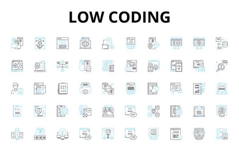 Low coding linear icons set. Simplify, Efficiency, Intuitive, Agile, Rapid 스톡 일러스트