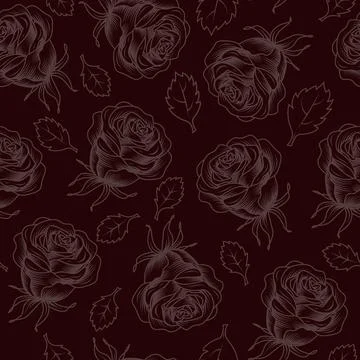 Low contrast seamless pattern with engraved roses Stock Illustration