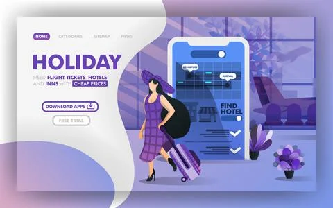 Low-cost vacation using a mobile application Vector Illustration concept, wom Stock Illustration