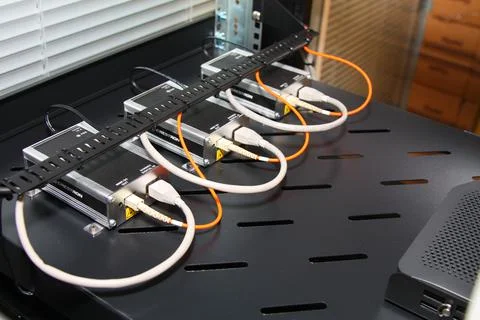 Low-current rack of electronic equipment. Stock Photos