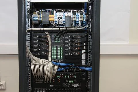 Low-current rack of electronic equipment. Stock Photos