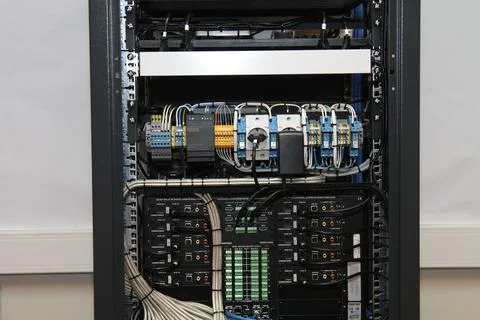Low-current rack of electronic equipment. Stock Photos