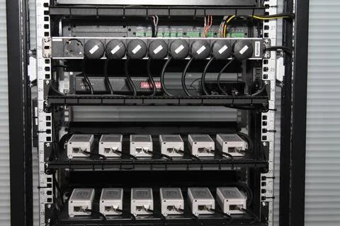 Low-current rack of electronic equipment. Stock Photos