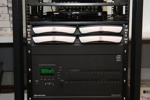 Low-current rack of electronic equipment. Stock Photos