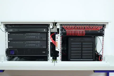 Low-current rack of electronic equipment. Stock Photos
