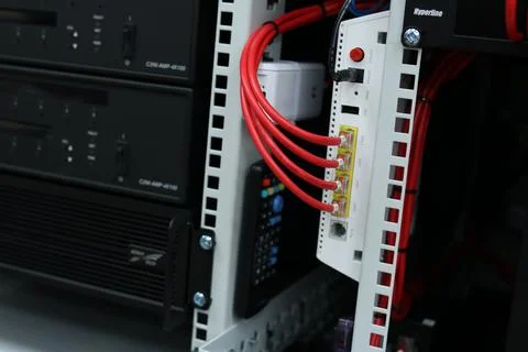 Low-current rack of electronic equipment. Stock Photos