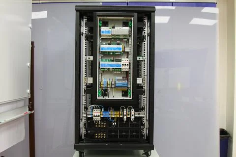 Low-current rack of electronic equipment. Stock Photos