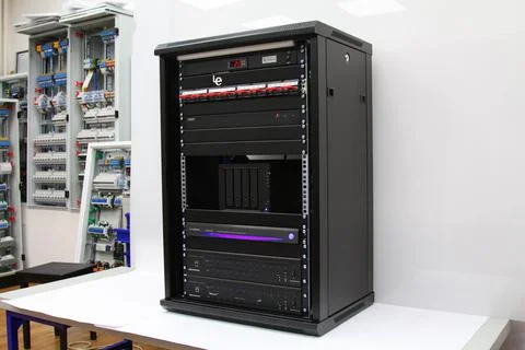Low-current rack of electronic equipment. Stock Photos