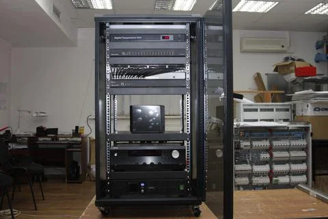 Low-current rack of electronic equipment. Stock Photos