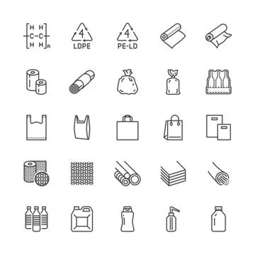 Low density polyethylene flat line icons. LDPE products - food package film Stock Illustration