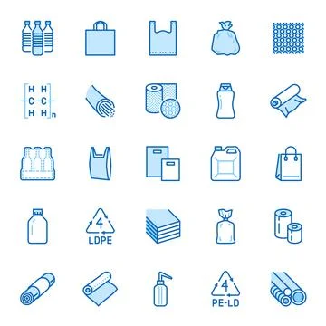 Low density polyethylene flat line icons. LDPE products - food package film Illustrazione stock