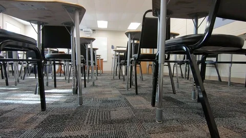 Low Dolly Shot of Empty Class Room Stock Footage 120224746