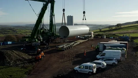 Low drone angle Recording of Wind turbine construction, 4K Stock Footage 179314356