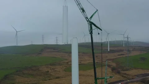 Low drone angle Recording of Wind turbine construction, 4K Stock Footage 179337922
