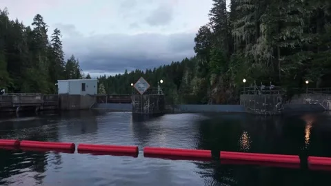 Low Drone Approach to Lake Kokanee Dam at Summer Dusk Stock Footage 345888247