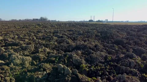 Low drone flight over plowed land Stock Footage 296480861