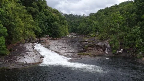 Low Drone Flight Over a Powerful Cascade and Deep Pool in Chu Yang Sin Stock Footage 343806887