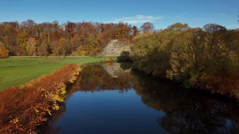 Low Drone Flight Over River and Autumn Forest Stock Footage 321292417