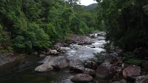 Low Drone Flight Over Rocky Cascades in Chu Yang Sin, Vietnam Stock Footage 343806579