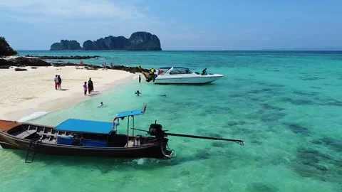 Low Drone Flight Over Thai Longtail Boats Bamboo Island Tropical Beach Stock Footage 331145030
