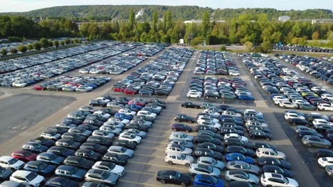 Low Drone Flight Over Thousands of Cars at Automotive Terminal Video stock 346617548
