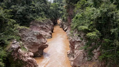 Low Drone Flight Through Red Rock Canyon River in Bolivian Amazon Jungle Vídeo Stock 331567668