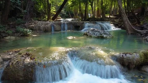 Low Drone Flight Toward Twin Waterfalls Erawan Thailand 库存影片 331940614