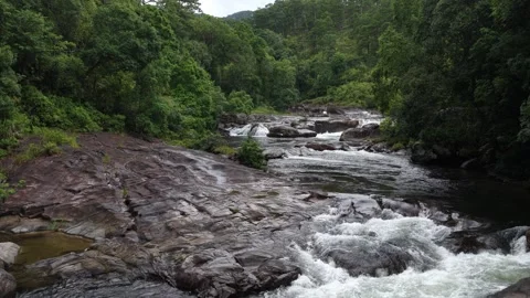 Low Drone Flight Up a Wild Stream in Chu Yang Sin, Vietnam Stock Footage 343806568