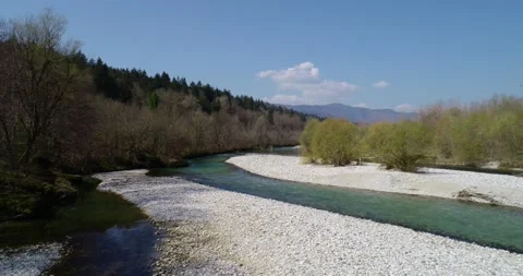 Low drone flying over pristine Alpine Sava river in Slovenia Stock Footage 146690032