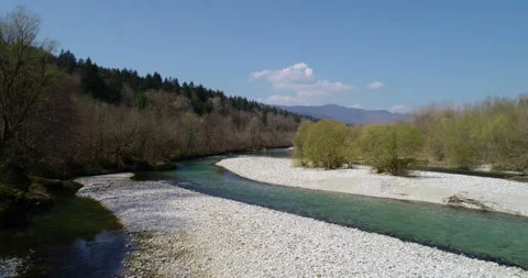 Low drone flying over pristine Alpine Sava river in Slovenia Stock-Footage 146690100