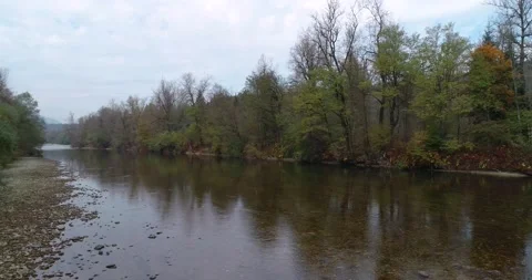 Low drone flying over pristine Sava river in Slovenia Stock Footage 147096545