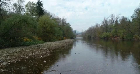 Low drone flying over pristine Sava river in Slovenia Stock Footage 147096716