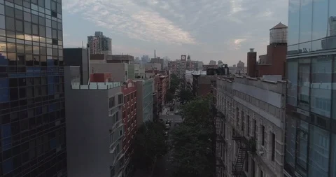 Low drone perspective of a Lower East Side street in Manhattan.New York. USA. Stock Footage 95654579