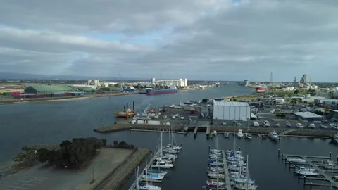 Low Drone View of Port Adelaide Shipping Yard and Marina on Cloudy Day Stock Footage 331277161