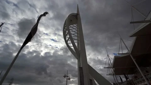 Low dull dark aerial view of the Spinnaker Tower in Portsmouth Stock Footage 203733460