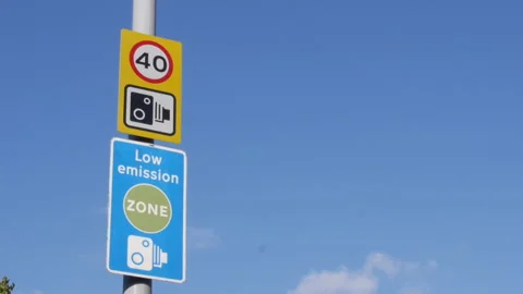 Low emission, speed camera, speed limit sign Stock-Footage 157162414