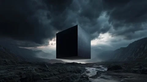 Low exposure storm landscape with dramatic dark sky and a  black cube Video stock 314648955