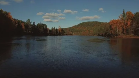 Low fast flight above the river towards woods and mountains. Stock Footage 81212715