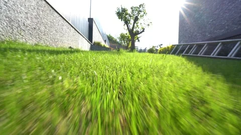 Low Fast Flight Over Modern Green Lawn and Garden Stock Footage 308912943