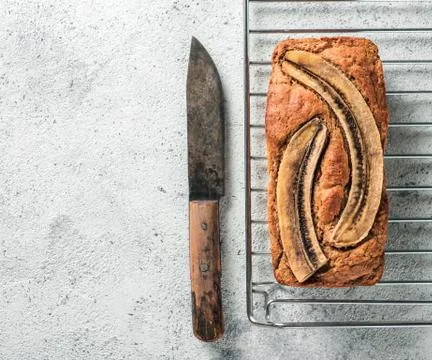 Low-fat banana bread, copy space, top view 스톡 사진
