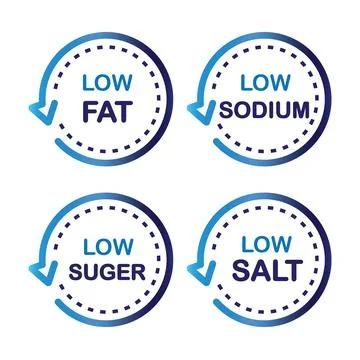 Low fat, Low sodium, Low salt and Low sugar, vector, icon, sticker. Stock Illustration