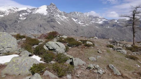 Low flight close to ground, high rocky mountains with snow, view below to valley Stock Footage 154972916