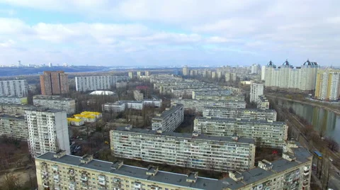 Low flight over apartment buildings in Kiev Stock Footage 60802853