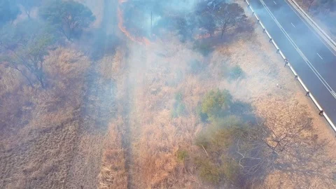Low flight over controlled bush fire next to road Stock Footage 78584201